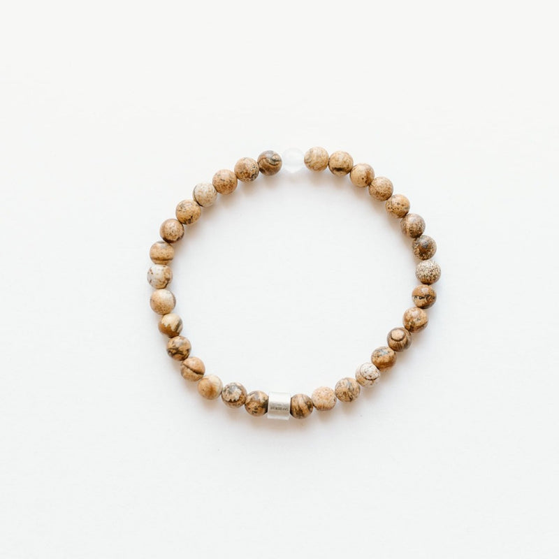 Sailormade men’s raymidner uv awareness bracelet for sun protection. 6mm frosted picture jasper beads. Made by Boston’s favorite bracelet company. 