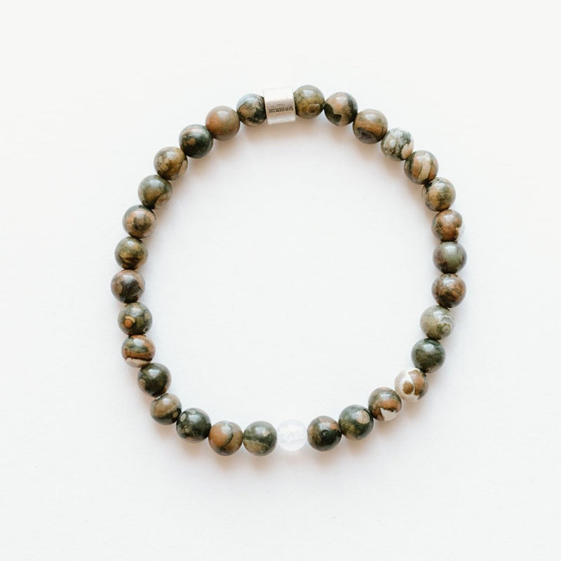 Sailormade men’s raymidner uv awareness bracelet for sun safety and protection. 6mm rhyolite jasper beads. Made by Boston’s favorite bracelet company. 