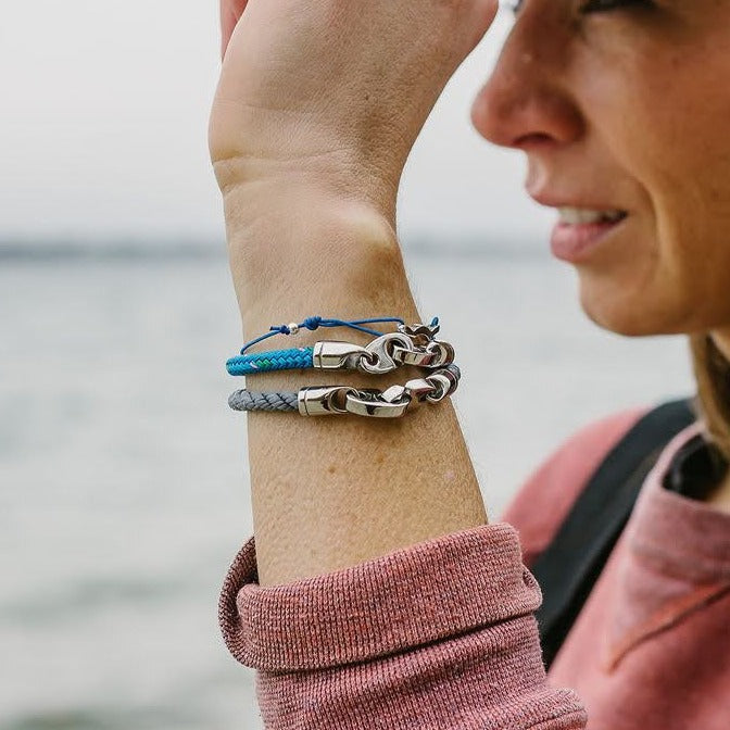 Sailormade women's nautical jewelry worn to oyster fish in Rhode Island. Stack with elsewhere single wrap rope brummel bracelet in charcoal and ocean blue. Made in Massachusetts.