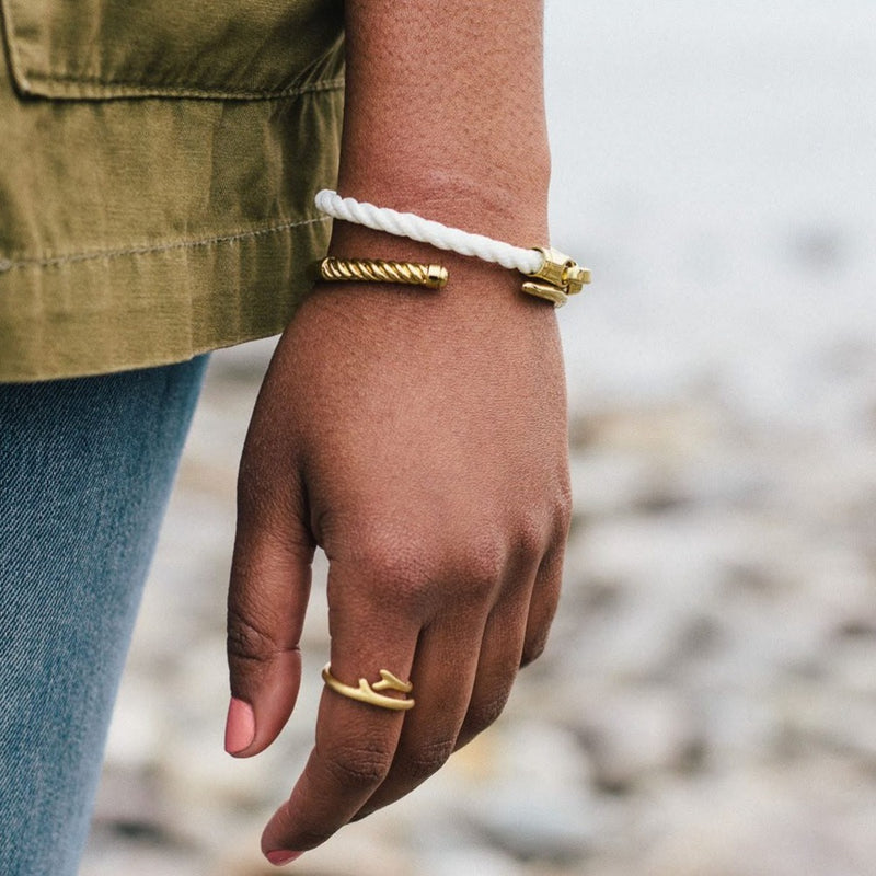 Sailormade’s coastal women’s bracelet stack for all seasons. Preppy single wrap rope brummel bracelet and slim fid cuff in brass made in Boston, MA.