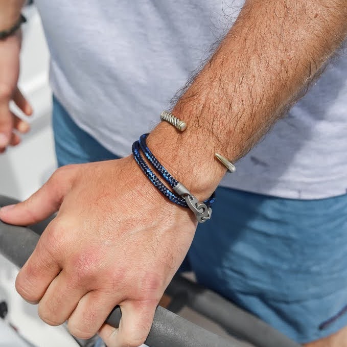 Sailormade men's nautical boat jewelry; Fid Cuff and contender double wrap rope bracelet.