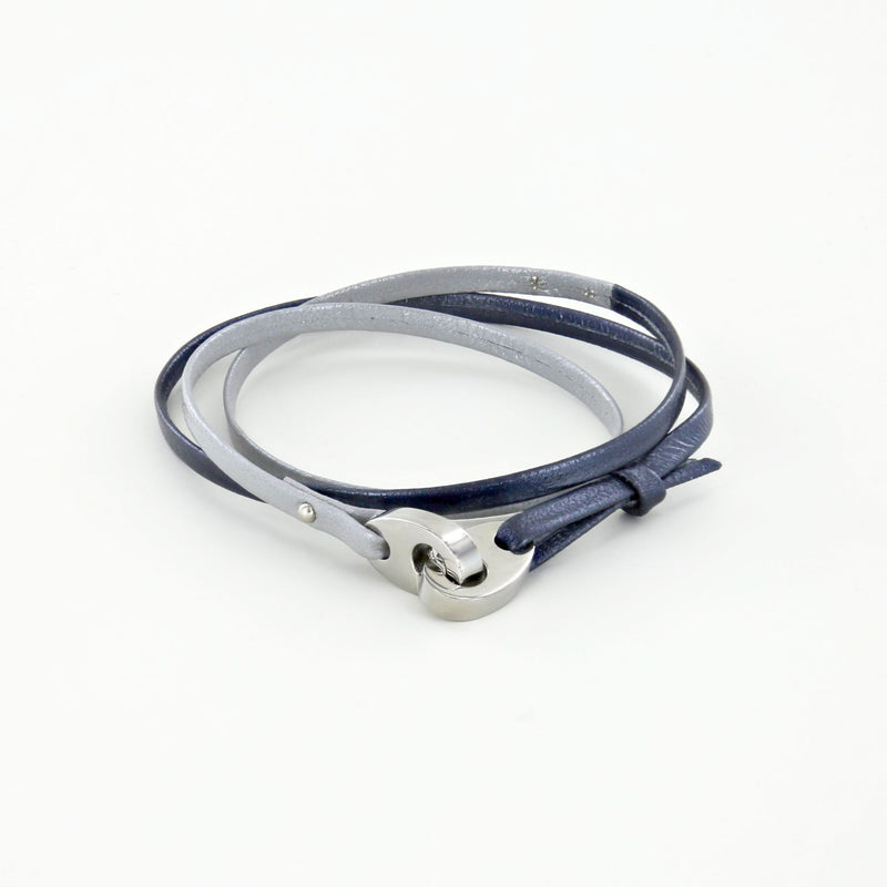 Tandem Leather Bracelet with Polished Stainless Steel Brummels in Blue Storm