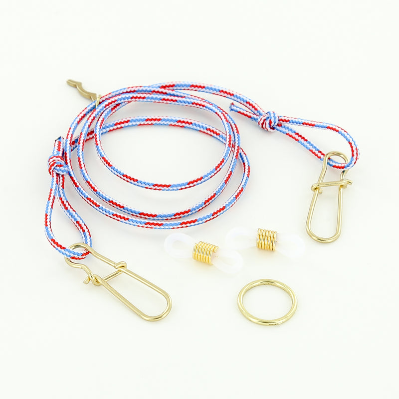nautical adjustable rope mask strap and sunglasses retainer with o-ring in red, white and blue