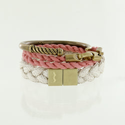 men's nautical bracelet stack with brass cuff, canvas double wrap brummel bracelet, braided magnetic bracelet