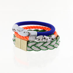 men's nautical rope bracelets and magnetic braided bracelet in blue, buoy orange, and greens