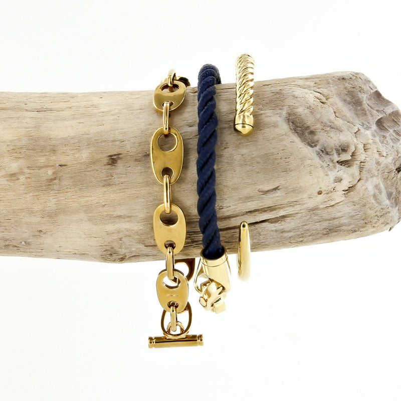 women's nautical bracelet stack, chain link, rope bracelet, slim fid cuff in polished brass