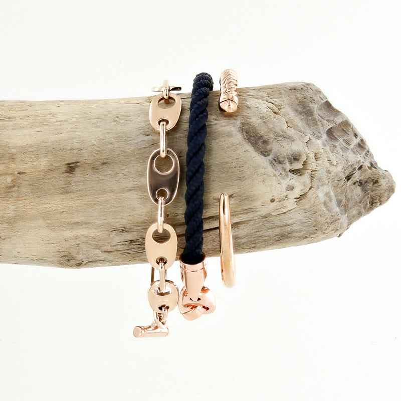 women's nautical bracelet stack, chain link, rope bracelet, slim fid cuff in polished rosegold