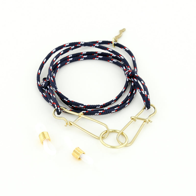 nautical adjustable rope mask strap and sunglasses retainer with o-ring in red, white and navy
