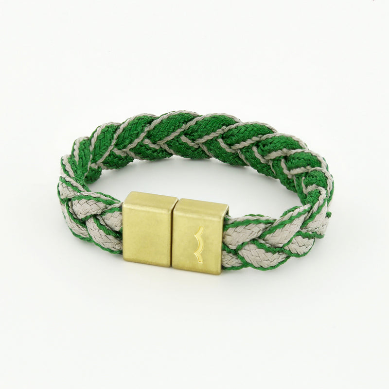 League Bracelet with Green Beige Braid and Magnetic Clasp in Brass