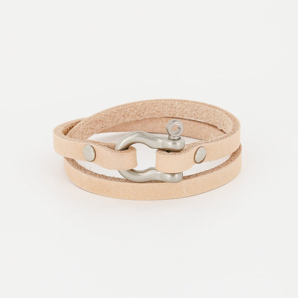 Sailormade Double Wrap Leather Shackle Bracelet in Nickel Matte and natural hide. Locally made in Newburyport, MA. 