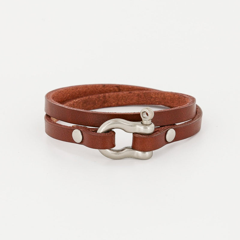 Sailormade Double Wrap Leather Shackle Bracelet in Nickel Matte and chestnut brown. Locally made in Newburyport, MA. 