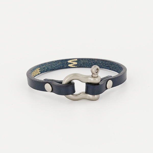 Sailormade Single Wrap Leather Shackle Bracelet in Nickel Matte and midnight navy. Locally made in Newburyport, MA. 