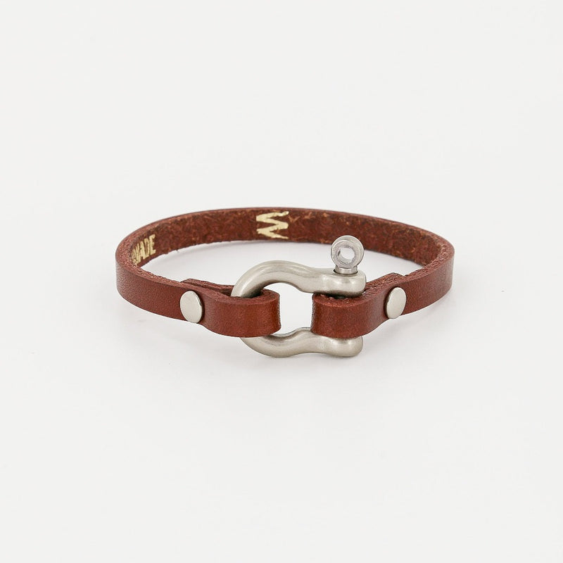 Sailormade Single Wrap Leather Shackle Bracelet in Nickel Matte and chestnut brown. Locally made in Newburyport, MA. 