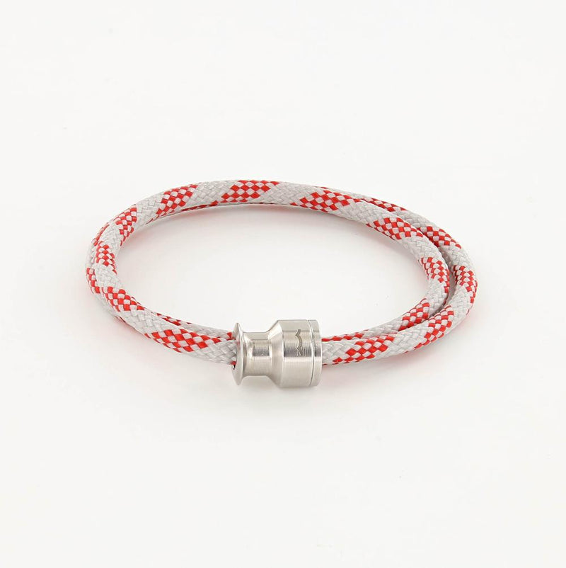 Men's Voyager double wrap rope bracelet with stainless steel winch clasp in gray and red