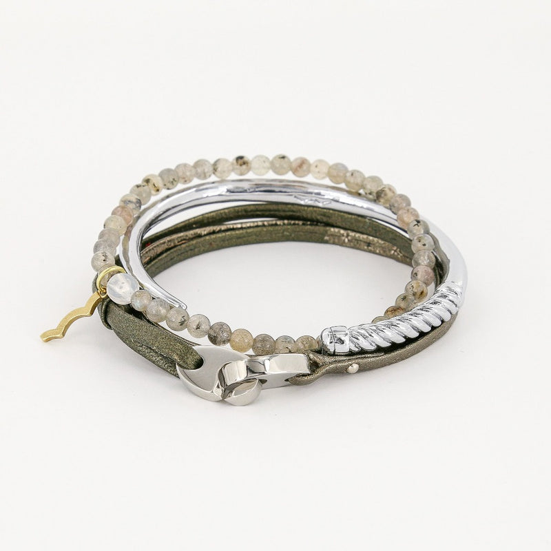 women's nautical inspired bracelet stack with uv awareness bracelet and leather wrap with slim fid cuff