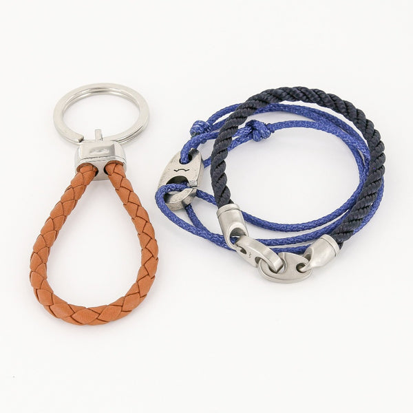 Nautical men's gift set with rope bracelets and leather stainless steel keychain