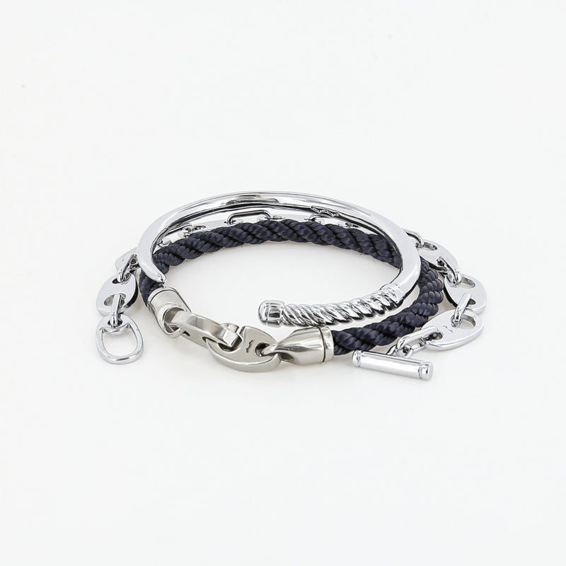 sailormade women's nautical bracelet stack with slim fid cuff, brummel rope bracelet, and brummel link chain braclet