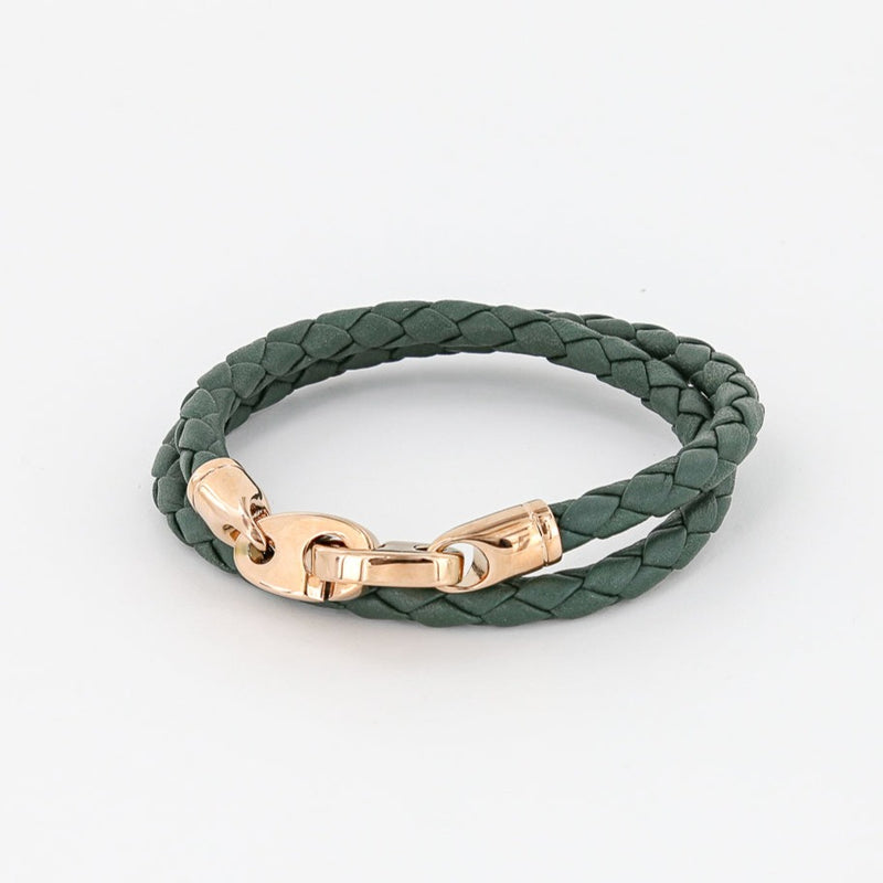 sailormade women's nautical double wrap leather bracelet with rose gold brummels in evergreen. Handmade in Boston, MA.