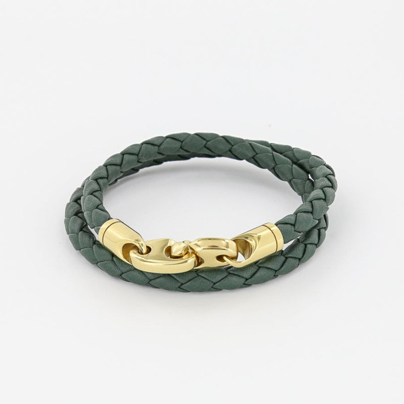 sailormade women's nautical double wrap leather bracelet with polished brass brummels in evergreen. Handmade in Boston, MA.