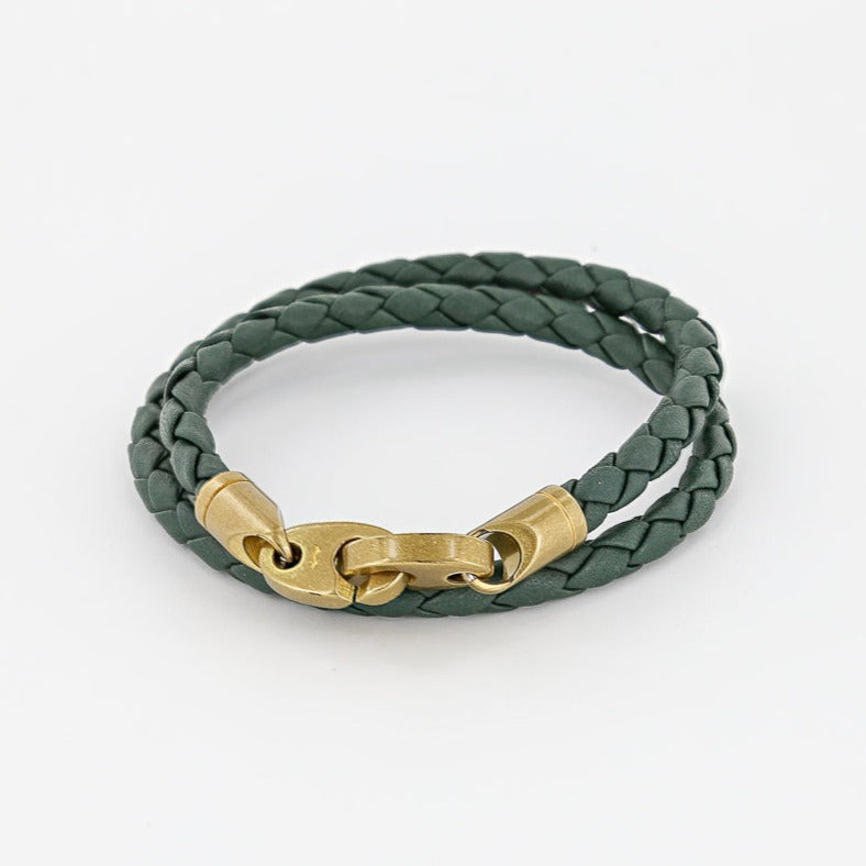 Sailormade Men's Nautical Journey Double Wrap Leather Bracelet with Matte Brass Brummels in Evergreen made in Boston, Ma