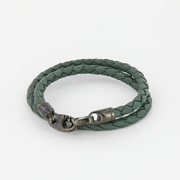 Sailormade Men's Nautical Player Double Wrap Leather Bracelet with Nickel Antique Brummels in Evergreen