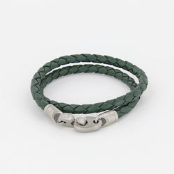 Sailormade Men's Nautical Catch Double Wrap Leather Bracelet with Matte Stainless Steel Brummels in Evergreen. Made in Boston, Ma.