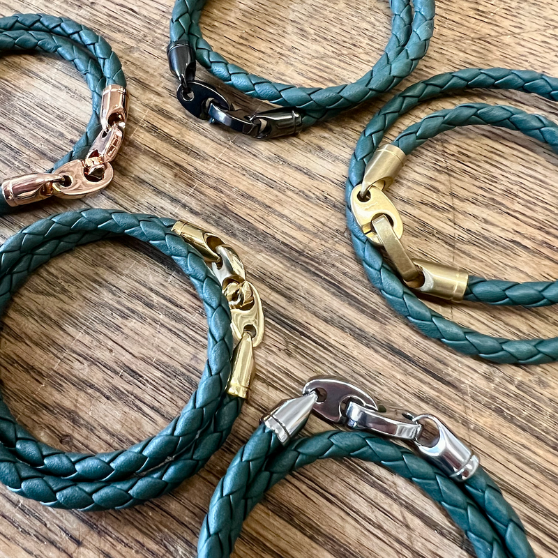 Sailormade Men's nautical brummel bracelets with evergreen leather double wrap. Made in Boston, MA.
