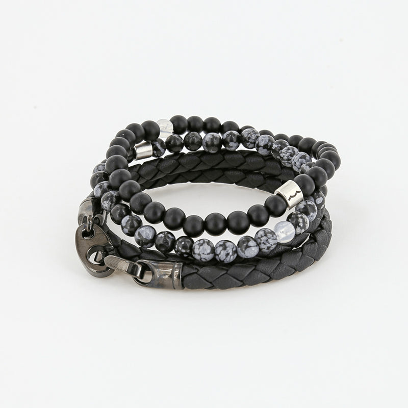 Sailormade's Player Double Wrap Leather Bracelet in Black, Men's Rayminder UV Awareness in Black Onyx, and Men's Rayminder UV Awareness in Snowflake Obsidian.