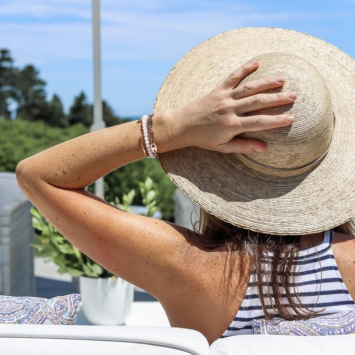 Sailormade rayminder uv awareness bracelet in moonstone. Wear for increased sun safety and protection. Made by Boston’s favorite bracelet company.