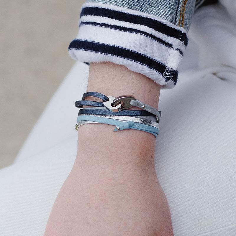 Tandem Leather Bracelet with Polished Stainless Steel Brummels in Blue Ice and Blue Storm