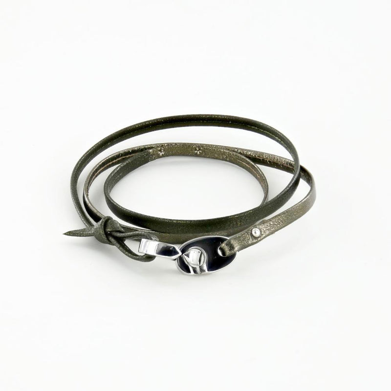 tandem triple wrap leather bracelet with stainless steel nautical brummel clip clasps