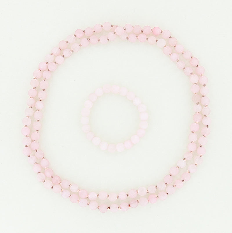 beaded necklace and bracelet in rose quartz